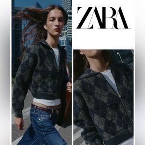 ZARA ARGYLE KNIT BOMBER JACKET